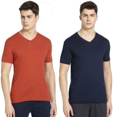 JOCKEY Solid Men V Neck Orange, Navy Blue T-Shirt