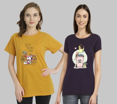 METRONAUT Printed Women Round Neck Yellow, Purple T-Shirt