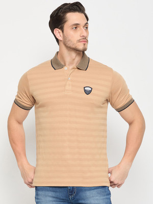 DUKE Striped Men Polo Neck Beige T-Shirt