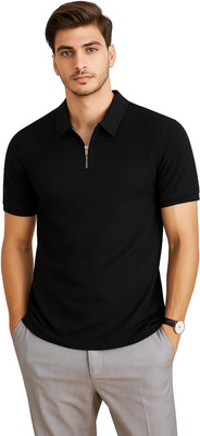 RMLKN Self Design, Solid Men Zip Neck Black T-Shirt