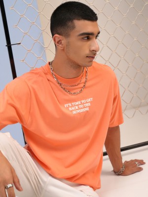 HIGHLANDER Printed Men Round Neck Orange T-Shirt