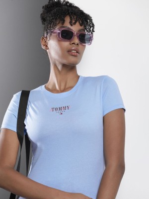 TOMMY HILFIGER Printed Women Round Neck Blue T-Shirt