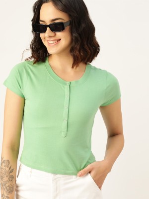 Dressberry Solid Women Round Neck Green T-Shirt