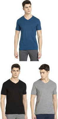 JOCKEY Solid Men V Neck Black, Grey, Blue T-Shirt