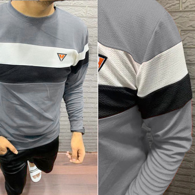 HexaCraft Striped Men Round Neck Grey T-Shirt