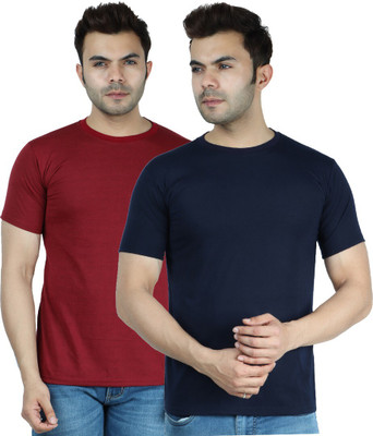 INDIZO Solid Men Round Neck Blue, Maroon T-Shirt