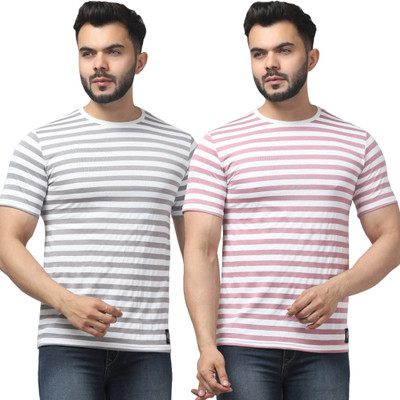 SRGARMENTSSG Striped Men Round Neck Grey, Pink T-Shirt