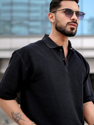 MANIAC Solid Men Polo Neck Black T-Shirt