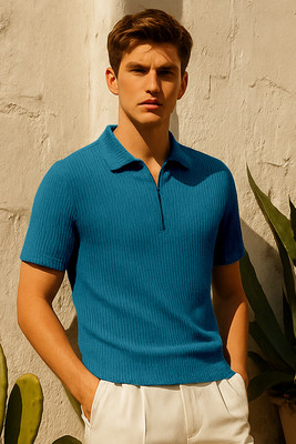 FTX Solid Men Polo Neck Blue T-Shirt