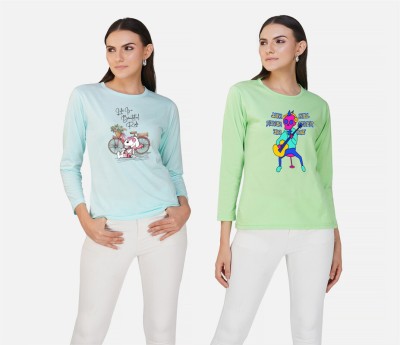 CHOZI Printed Women Round Neck Light Blue, Light Green T-Shirt