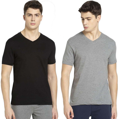 JOCKEY Solid Men V Neck Black, Grey T-Shirt