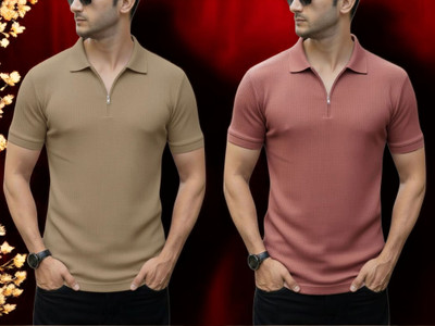 DSV Self Design Men Zip Neck Beige, Pink T-Shirt