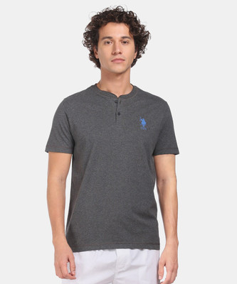 U.S. POLO ASSN. Solid Men Mandarin Collar Grey T-Shirt