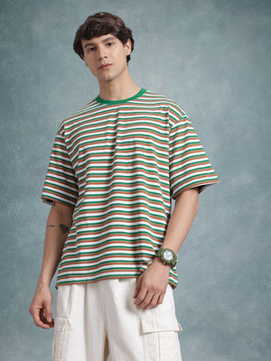 Roadster Striped Men Round Neck Green T-Shirt