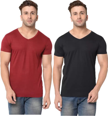 RLP Solid Men V Neck Maroon, Black T-Shirt