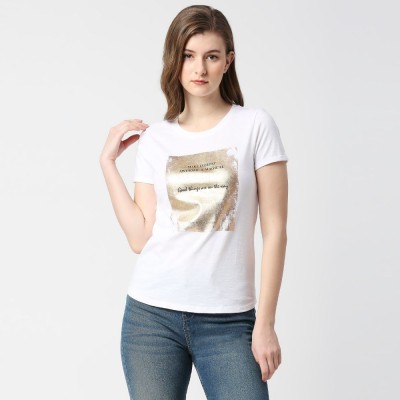 Pepe Jeans Typography Women Round Neck White T-Shirt