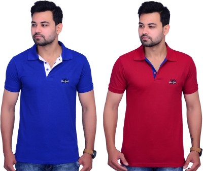 La Milano Solid Men Polo Neck Blue, Maroon T-Shirt