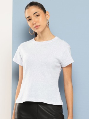 CHEMISTRY Solid Women Round Neck White T-Shirt