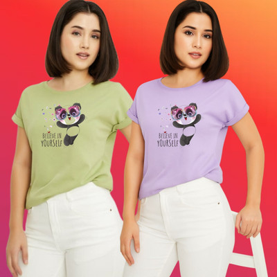 Parona Printed Women Round Neck Green, Purple T-Shirt