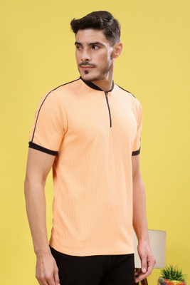 Madfrog Solid Men Zip Neck Pink T-Shirt