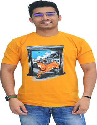 S M Enterprises Printed Men Round Neck Yellow T-Shirt