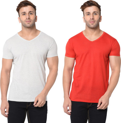 Tresna Trending Solid Men V Neck Red, Grey T-Shirt