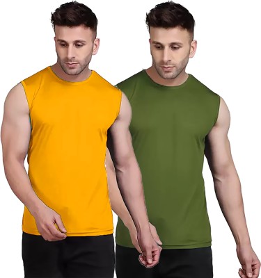 Think Tech Solid Men Round Neck Yellow, Dark Green T-Shirt