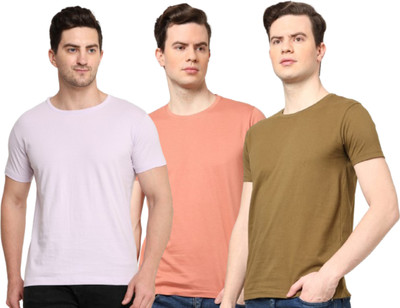 PATEL HUB Solid Men Crew Neck Purple, Pink, Green T-Shirt