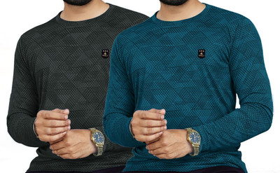 AVOLT Self Design Men Round Neck Dark Green, Dark Blue T-Shirt