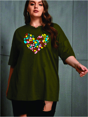 V-Mens Printed Women Round Neck Green T-Shirt