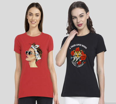 CHOZI Printed Women Round Neck Red, Black T-Shirt