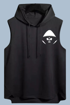 KUGDIT Solid Men Hooded Neck Black T-Shirt