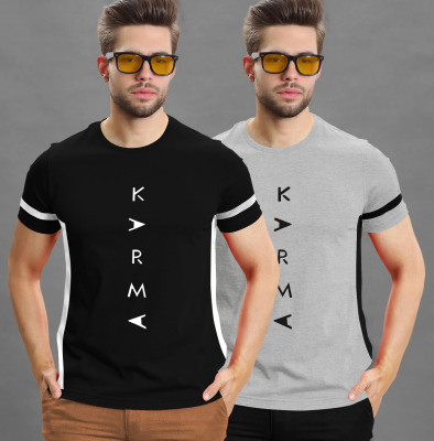 TRIPR Printed Men Round Neck Black, Grey T-Shirt