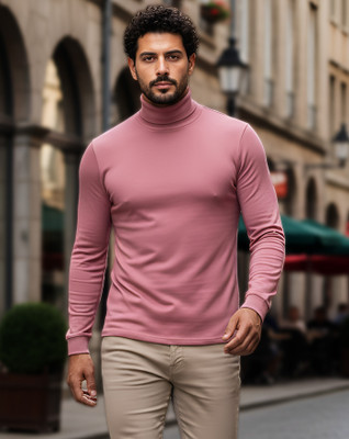 ENITOR Solid Men High Neck Pink T-Shirt