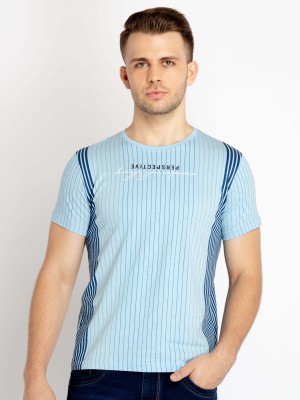 Status Quo Striped Men Round Neck Blue T-Shirt