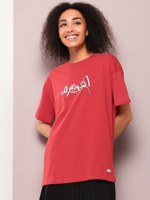 Kook N Keech Printed Women Round Neck Red T-Shirt