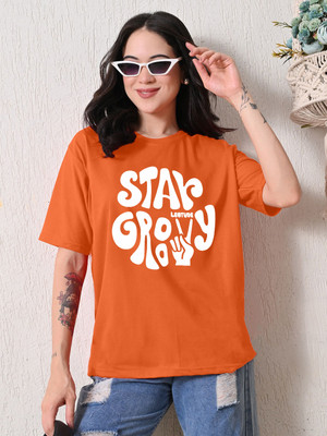 Leotude Printed Women Round Neck Orange T-Shirt