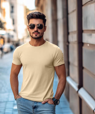 Veirdo Solid Men Round Neck Beige T-Shirt