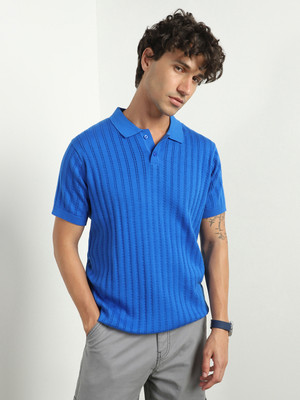 NOBERO Solid Men Polo Neck Blue T-Shirt
