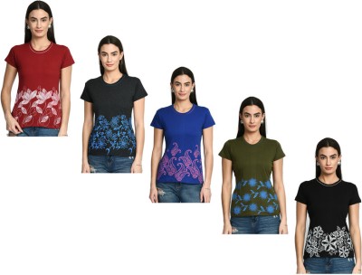 KAVYA Printed Women Round Neck Maroon, Green, Black T-Shirt