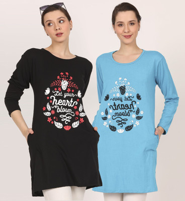 HouseOfCommon Printed Women Round Neck Black, Blue T-Shirt