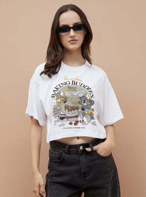 Ginger by Lifestyle Printed Women Round Neck White T-Shirt