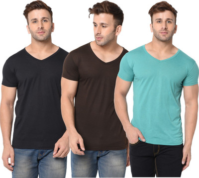 JB Jagoboy Solid Men V Neck Brown, Black, Light Green T-Shirt