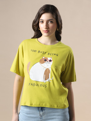 Globus Printed Women Round Neck Green T-Shirt