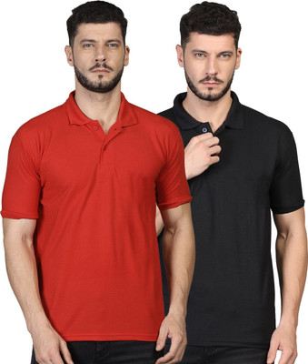 INKKR Solid Men Polo Neck Red, Black T-Shirt