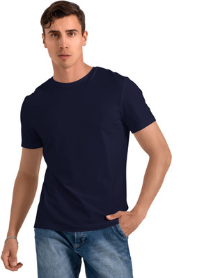CONTENO Solid Men Round Neck Navy Blue T-Shirt