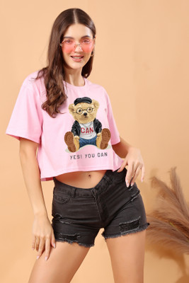 CORSICA Printed Women Round Neck Pink T-Shirt