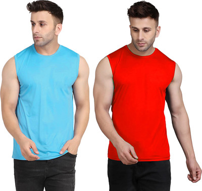 UDI n ADI Solid Men Round Neck Light Blue, Red T-Shirt