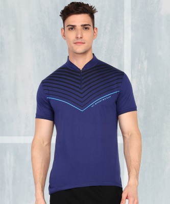 M7 By Metronaut Striped Men Polo Neck Blue T-Shirt