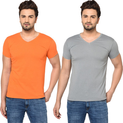 Adorbs Trend Solid Men V Neck Orange, Grey T-Shirt